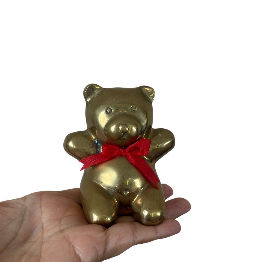 Vintage Solid Brass Teddy Bear Figurine Paperweight Red Ribbon Made in Taiwan‎
